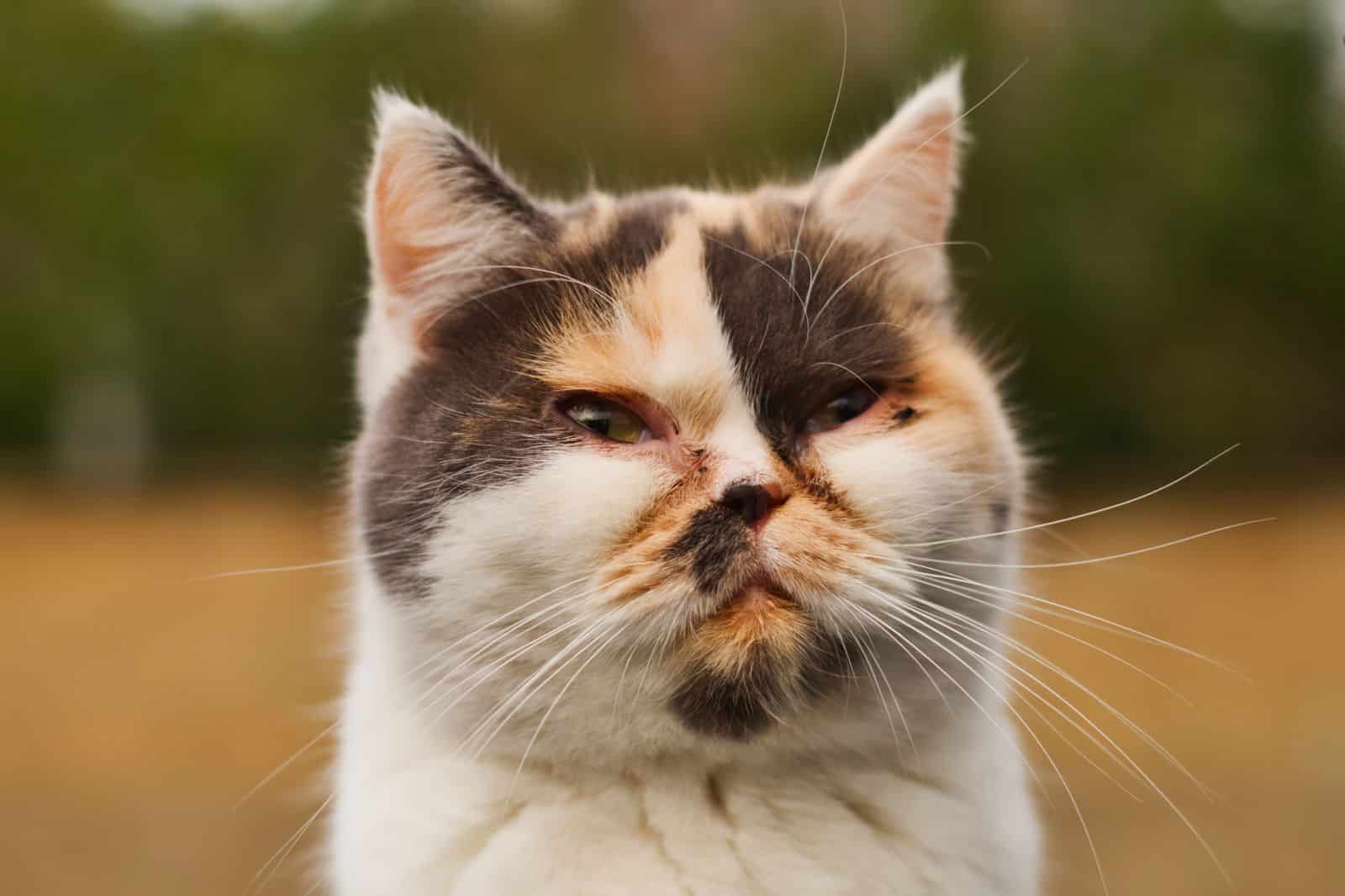 Nahaufnahme des flachen Gesichts einer Exotic Shorthair mit grossen Augen