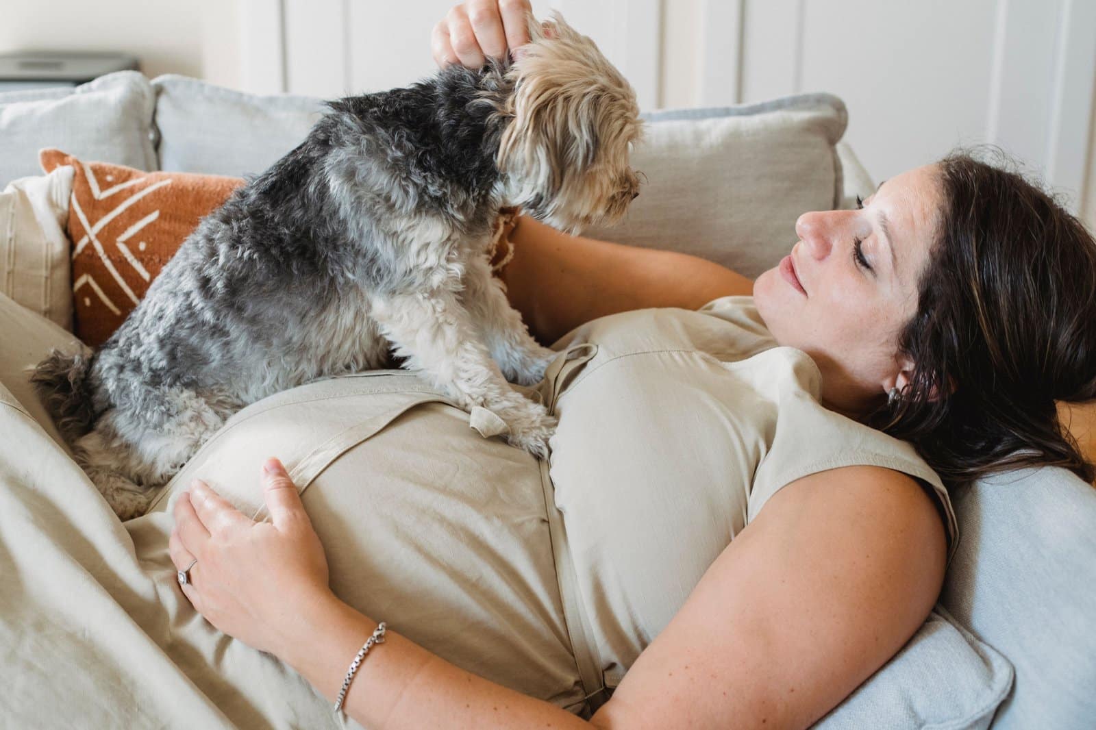 Schwangere Frau bereitet ihren Hund auf das Baby vor