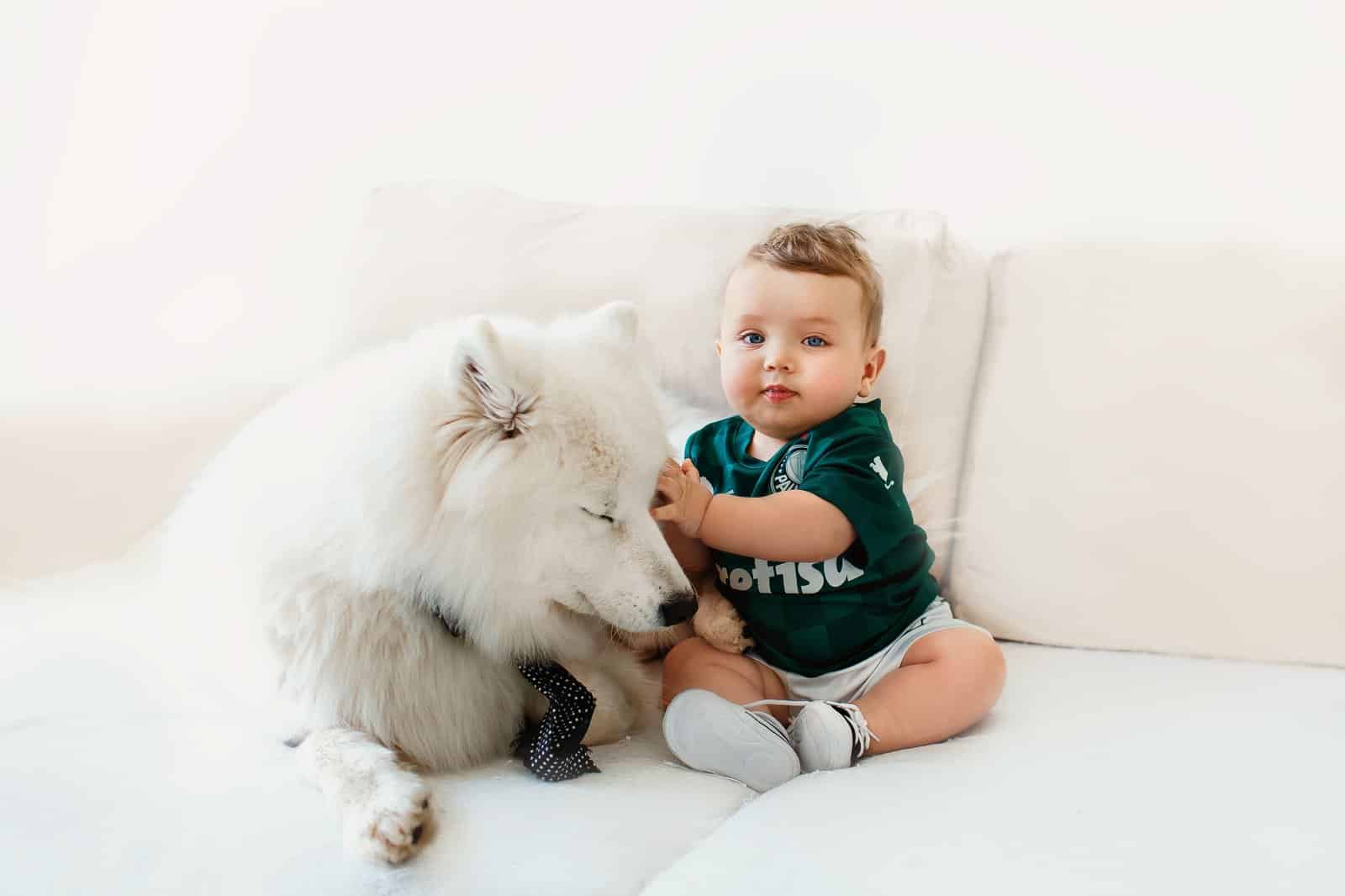 Hund und Kleinkind spielen unter Aufsicht miteinander